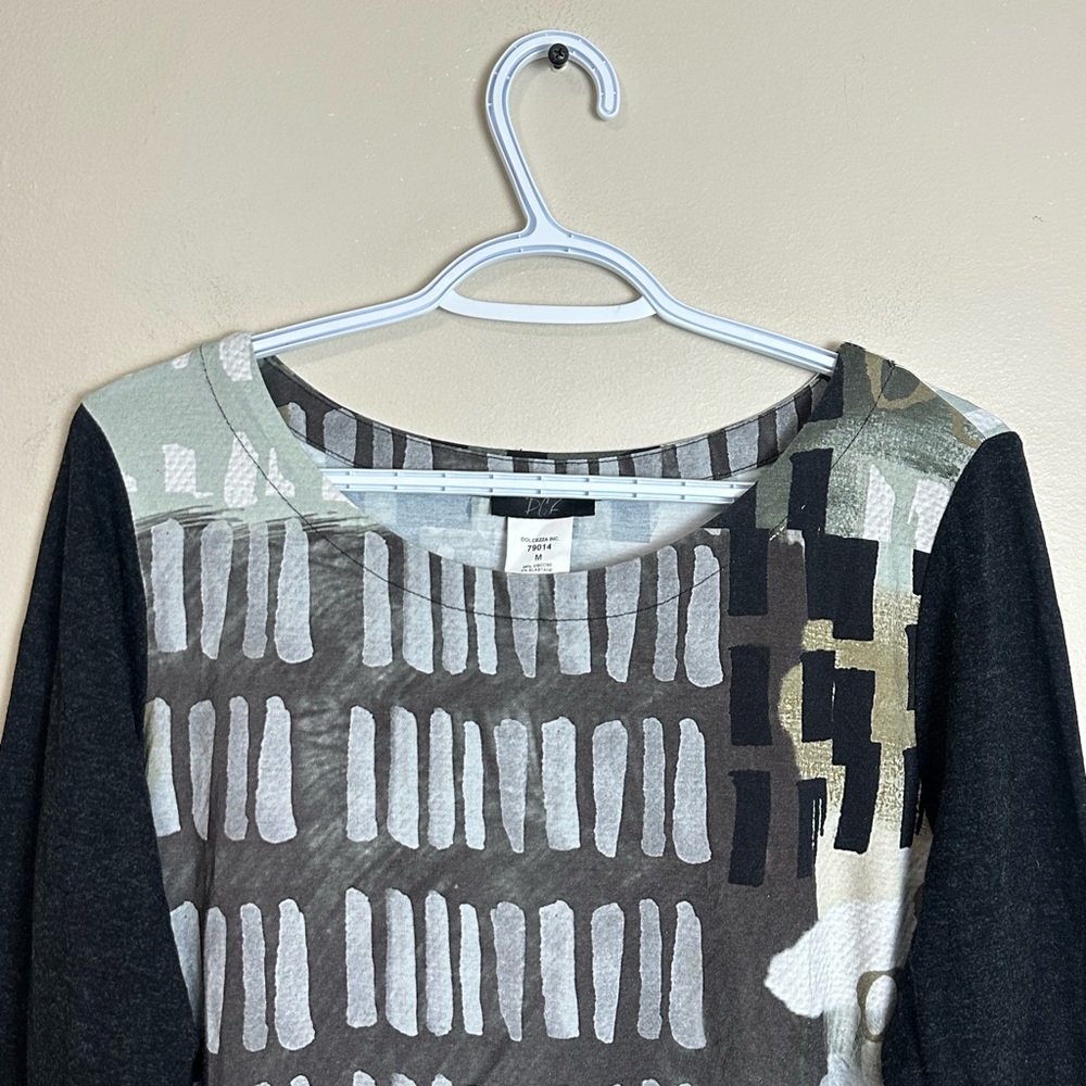 Dolcezza Abstract Tunic Top Black Olive Green Stretch Long Sleeve Women’s Size M - Picture 3 of 5